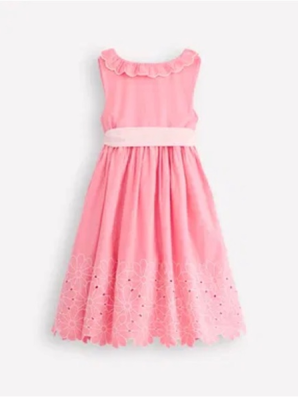 Mini Boden Pink Eyelet Hem Dress with Waist Sash Girls Size 10-11Y.